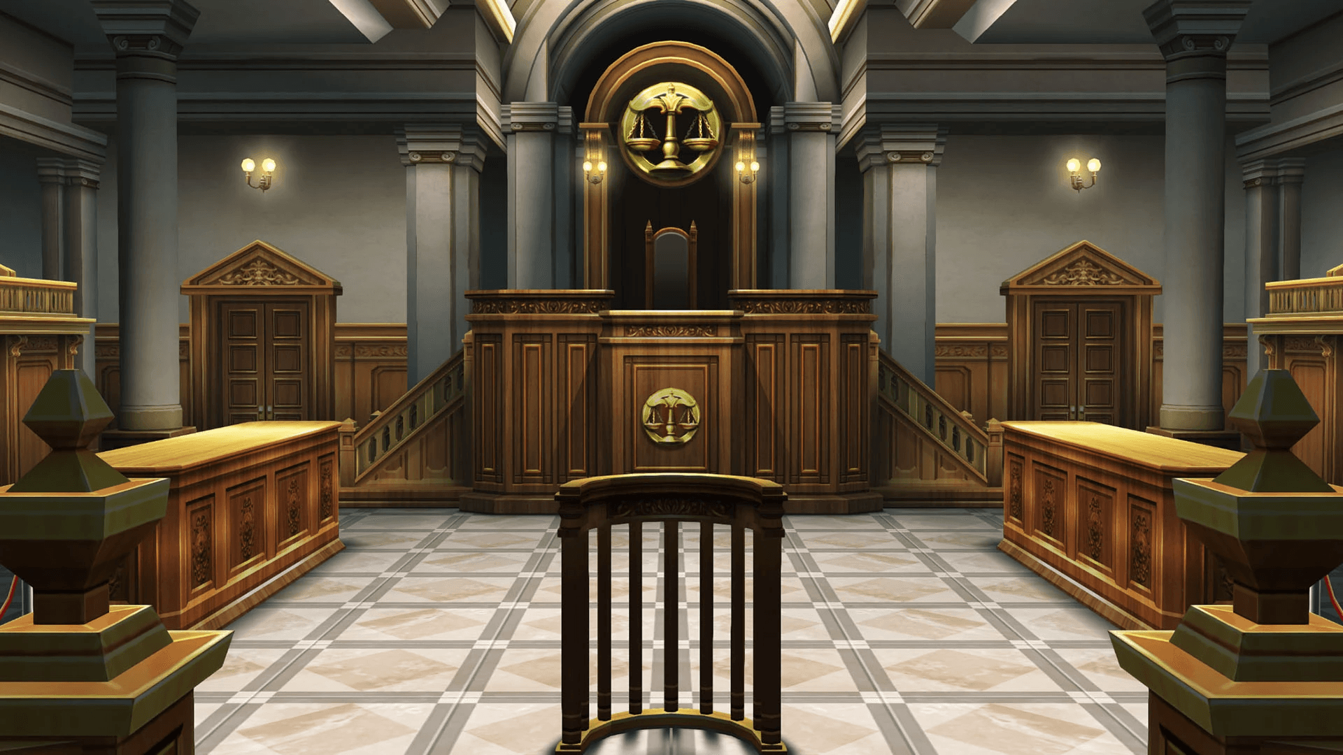 Courtroom interior with scales of justice